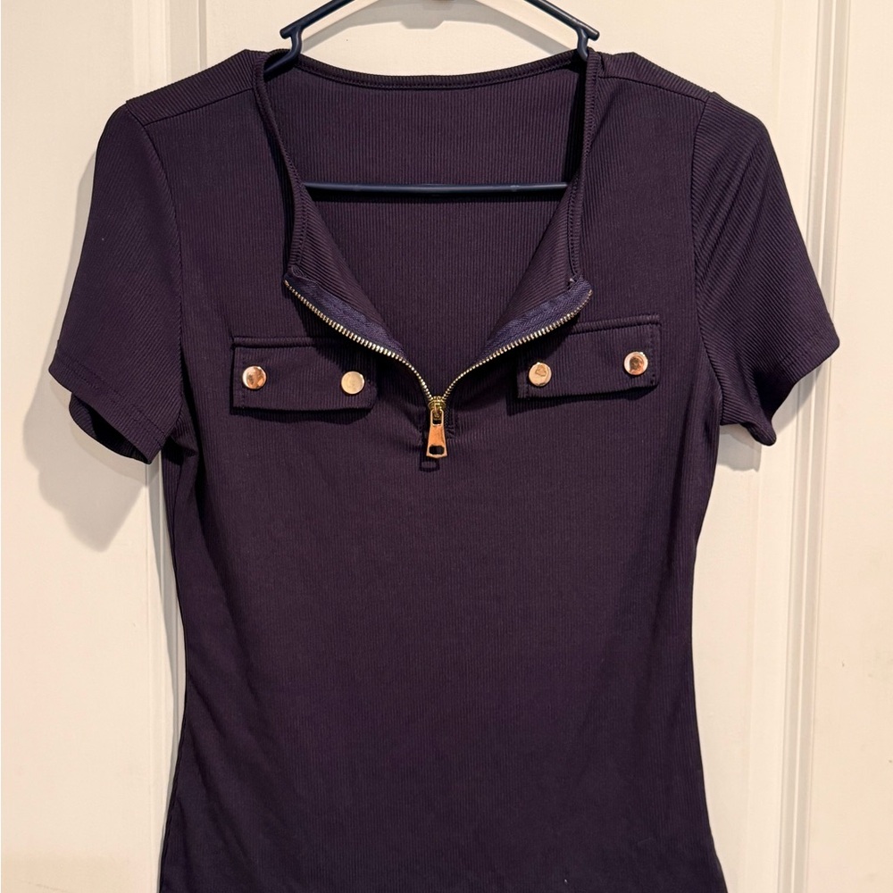 SHEIN Dark Purple Short Sleeve Top with Zipper